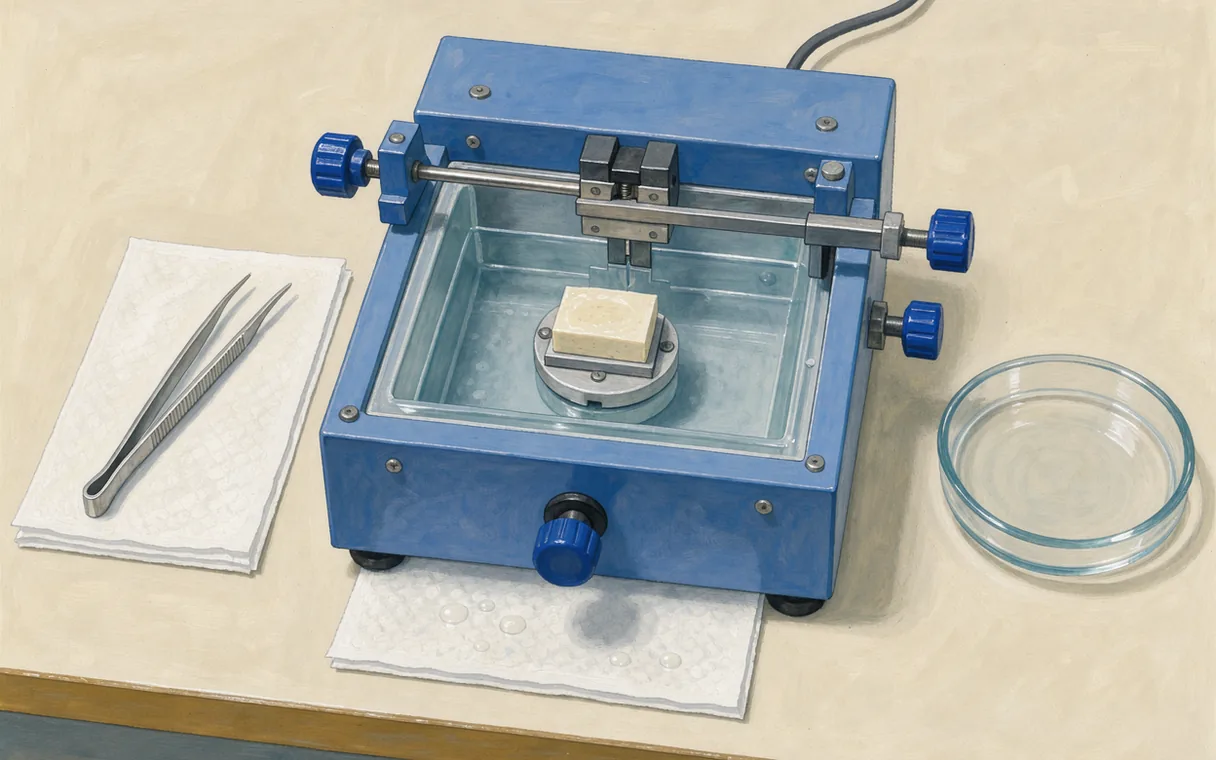 Illustration of a tissue-sectioning instrument with a cutting bath, small tissue block, forceps and glass dish.