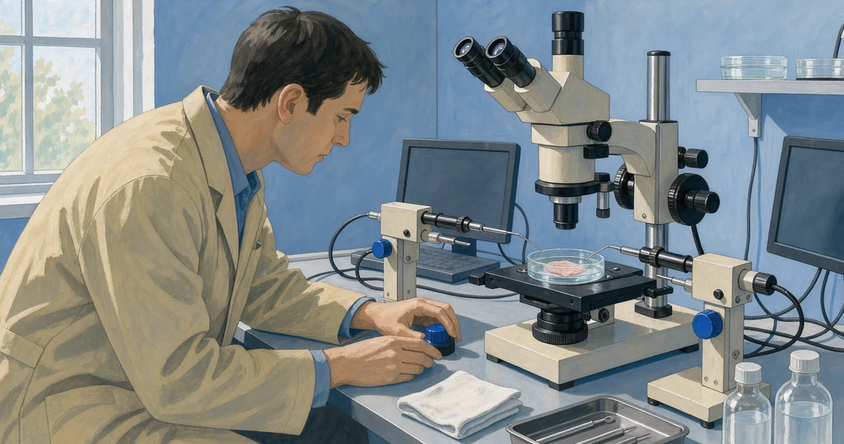 Gouache illustration of an adult adjusting a microscope and electrode manipulators around a tissue-recording chamber.