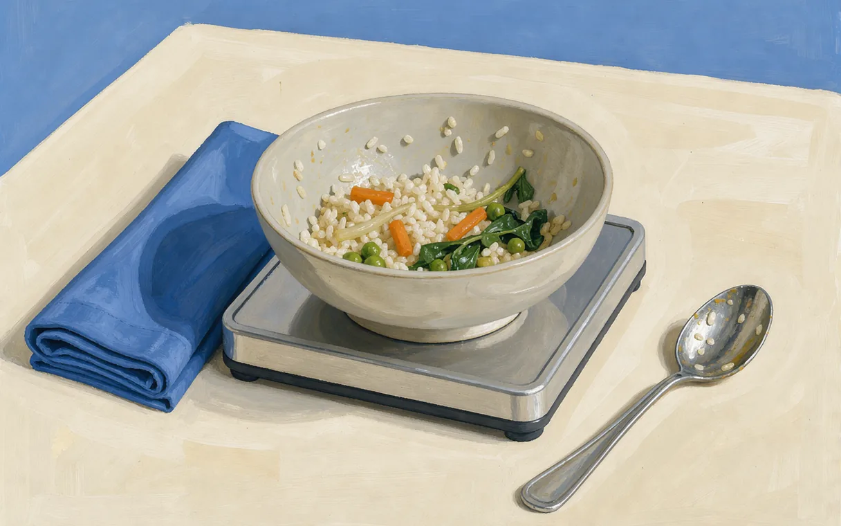 Gouache still life of a bowl with leftover rice and vegetables on a food balance, beside a spoon.