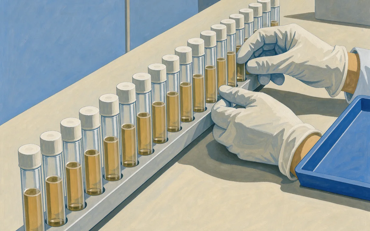 Illustrated gloved hands aligning capped sample tubes in a long rack on a laboratory worktop.